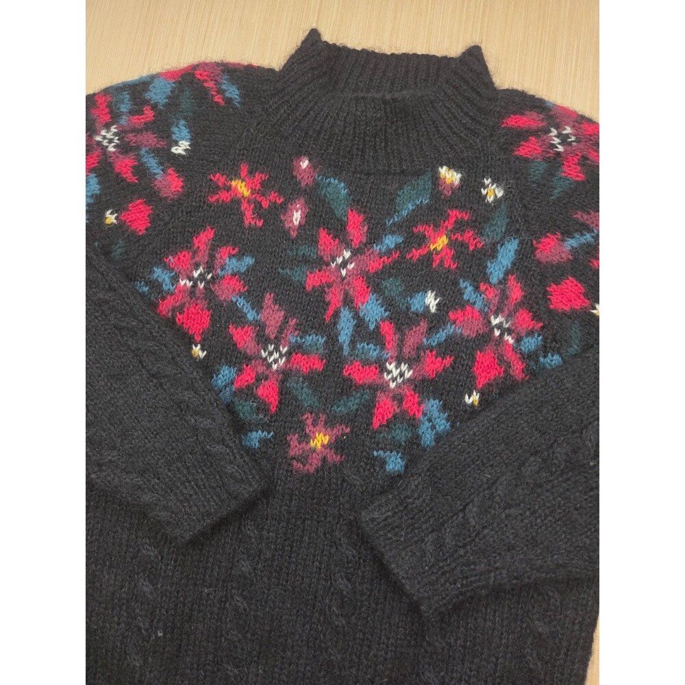 Vtg L.L.Bean Sweater Women's Small Black Knit Mohair Pullover 80s 90s Floral